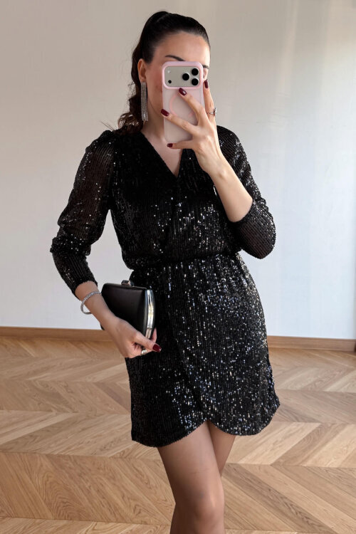 ELB-83745 Siyah Payet İşlemeli Kruvaze Yaka Mini Elbise - 5