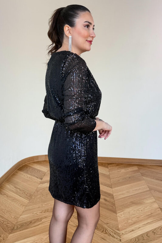 ELB-83745 Siyah Payet İşlemeli Kruvaze Yaka Mini Elbise - 4