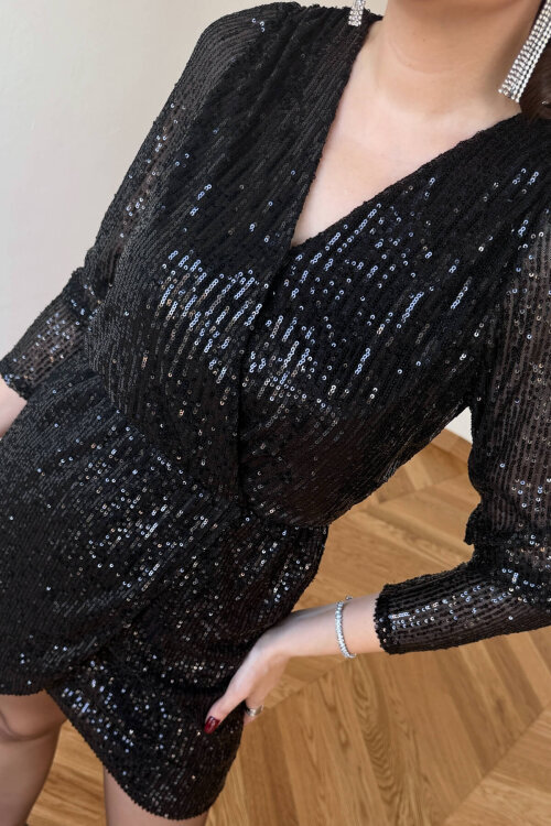 ELB-83745 Siyah Payet İşlemeli Kruvaze Yaka Mini Elbise - 6