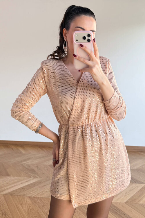 ELB-83758 Pudra Işıltılı Sim Detaylı Vatkalı Tulum - 5