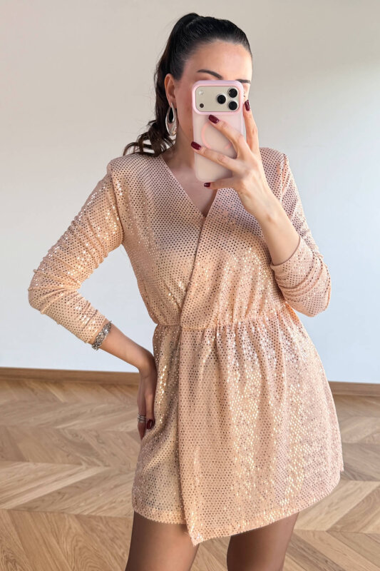 ELB-83758 Pudra Işıltılı Sim Detaylı Vatkalı Tulum - 5