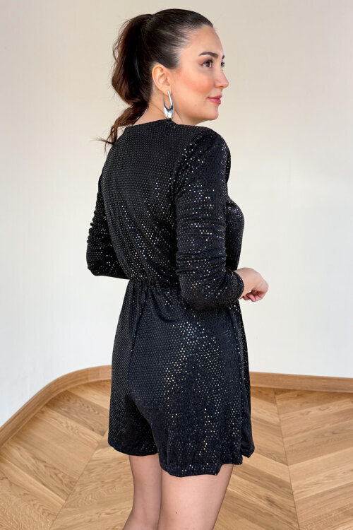 ELB-83758 Siyah Işıltılı Sim Detaylı Vatkalı Tulum - 4