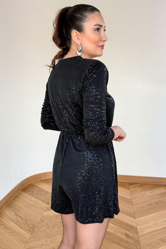 ELB-83758 Siyah Işıltılı Sim Detaylı Vatkalı Tulum - 4