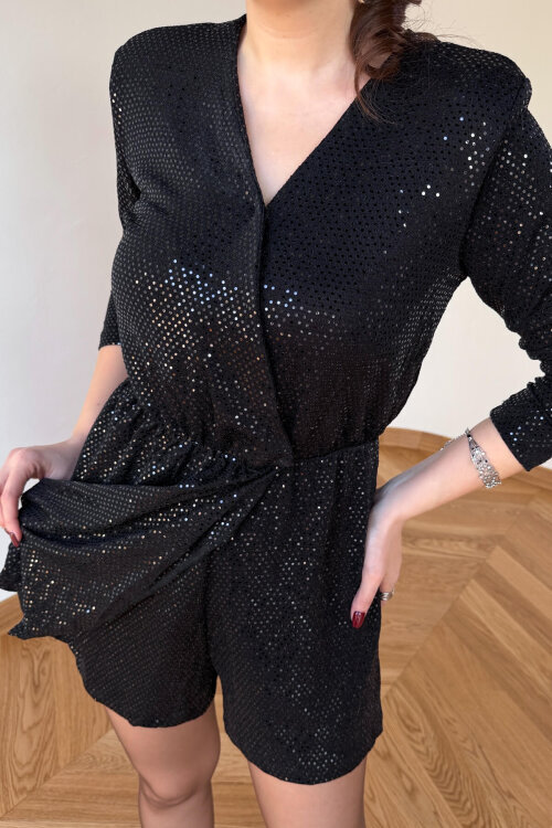 ELB-83758 Siyah Işıltılı Sim Detaylı Vatkalı Tulum - 3