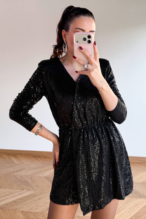 ELB-83758 Siyah Işıltılı Sim Detaylı Vatkalı Tulum - 5