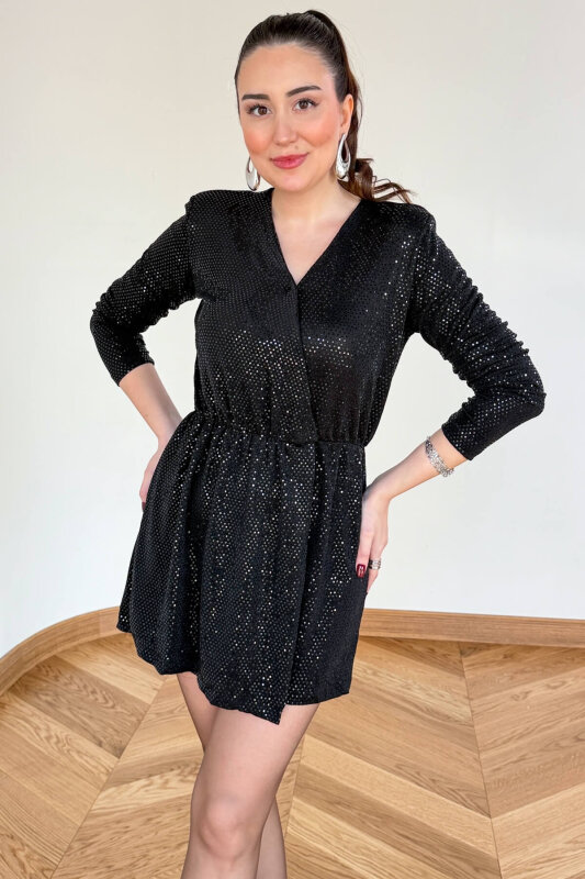 ELB-83758 Siyah Işıltılı Sim Detaylı Vatkalı Tulum - 2