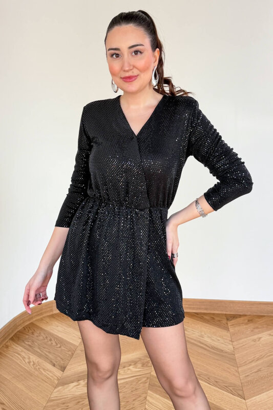 ELB-83758 Siyah Işıltılı Sim Detaylı Vatkalı Tulum - 1