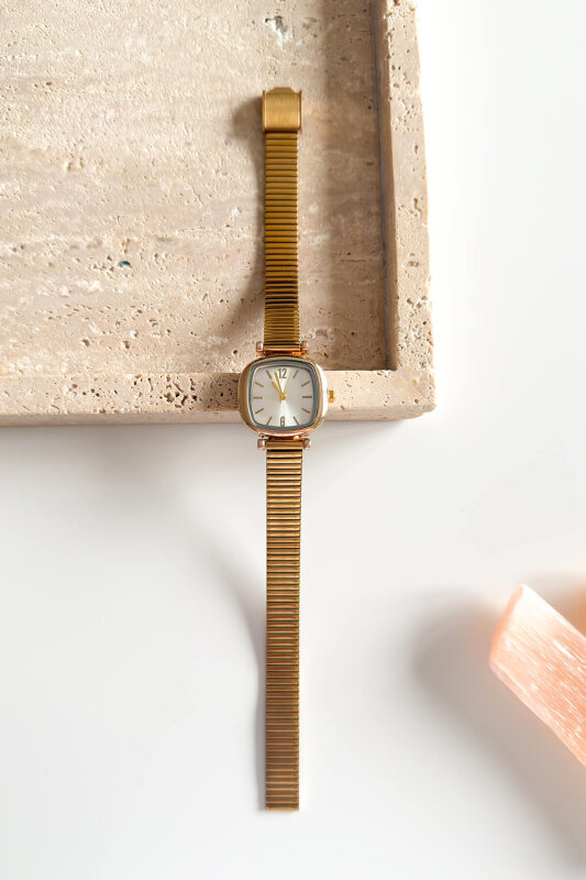 Elvina Beyaz Kare Kadran Gold Zarif Çelik Kordon Kadın Kol Saati - 1