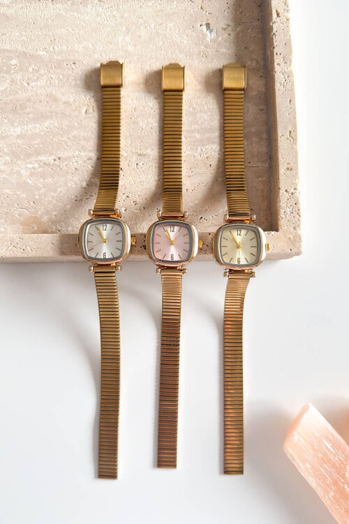 Elvina Gold Kare Kadran Zarif Çelik Kordon Kadın Kol Saati (1)