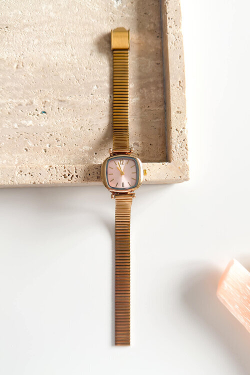 Elvina Pudra Kare Kadran Gold Zarif Çelik Kordon Kadın Kol Saati