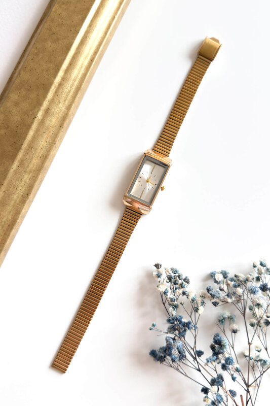 Erona Beyaz Dikdörtgen Kadran Gold Çelik Kordon Kadın Kol Saati - 1