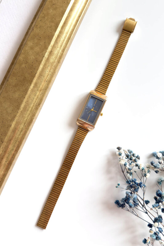 Erona Lacivert Dikdörtgen Kadran Gold Çelik Kordon Kadın Kol Saati - 1