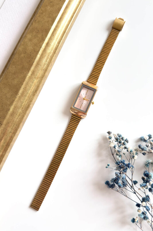 Erona Pudra Dikdörtgen Kadran Gold Çelik Kordon Kadın Kol Saati - 1