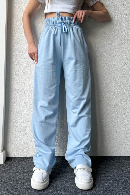 EŞF-09082 Bebe Mavi Bel İpli İki İplik Düz Palazzo Eşofman - 3