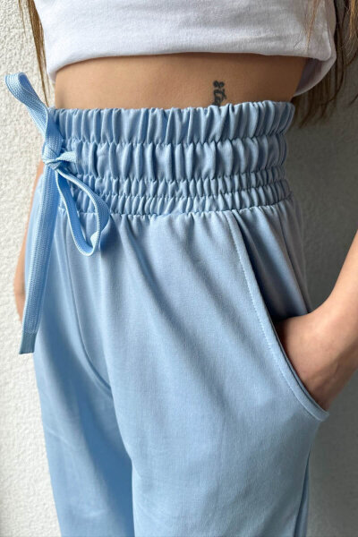 EŞF-09082 Bebe Mavi Bel İpli İki İplik Düz Palazzo Eşofman - 2
