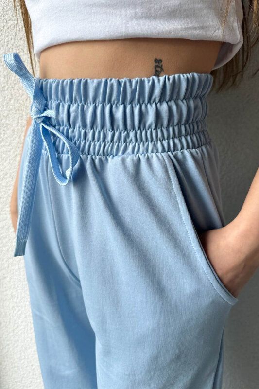 EŞF-09082 Bebe Mavi Bel İpli İki İplik Düz Palazzo Eşofman - 2