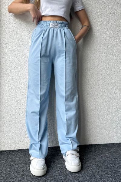 EŞF-09084 Bebe Mavi Bel Lastikli Etiket Detay Çimalı Palazzo Eşofman - 1