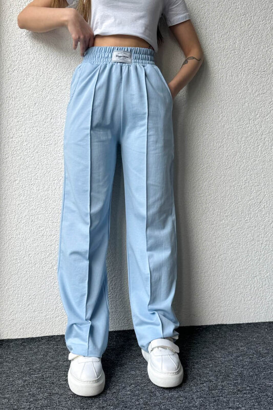 EŞF-09084 Bebe Mavi Bel Lastikli Etiket Detay Çimalı Palazzo Eşofman - 1