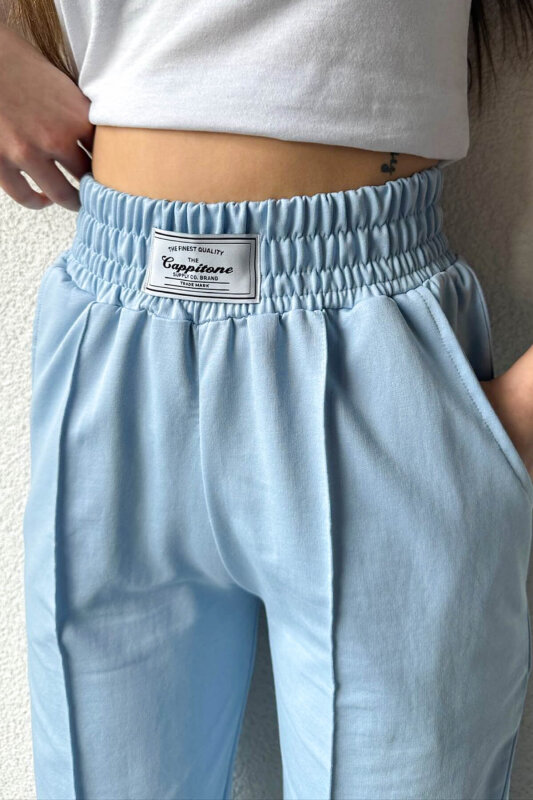 EŞF-09084 Bebe Mavi Bel Lastikli Etiket Detay Çimalı Palazzo Eşofman - 2