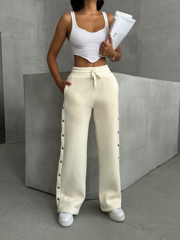 EŞF-09086 Ekru Çıtçıtlı Üç İpli Şardonlu Bel Lastikli Palazzo Eşofman - 1