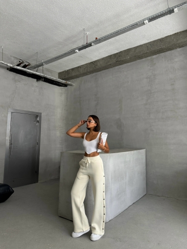 EŞF-09086 Ekru Çıtçıtlı Üç İpli Şardonlu Bel Lastikli Palazzo Eşofman - 2