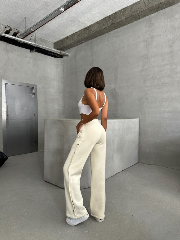 EŞF-09086 Ekru Çıtçıtlı Üç İpli Şardonlu Bel Lastikli Palazzo Eşofman - 5