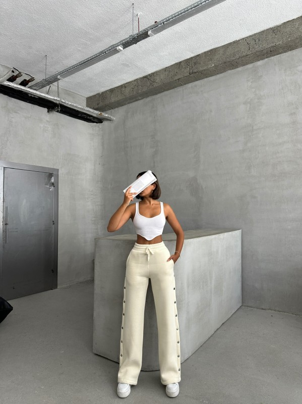 EŞF-09086 Ekru Çıtçıtlı Üç İpli Şardonlu Bel Lastikli Palazzo Eşofman - 3