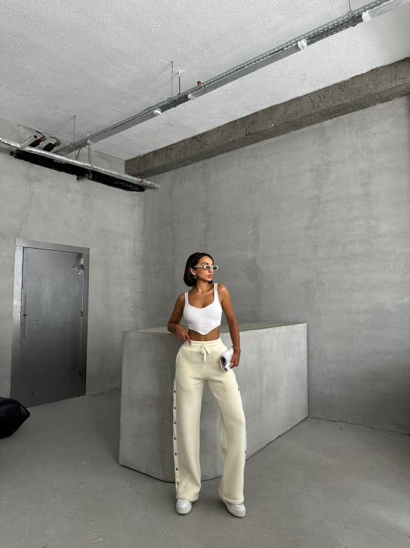 EŞF-09086 Ekru Çıtçıtlı Üç İpli Şardonlu Bel Lastikli Palazzo Eşofman - 4