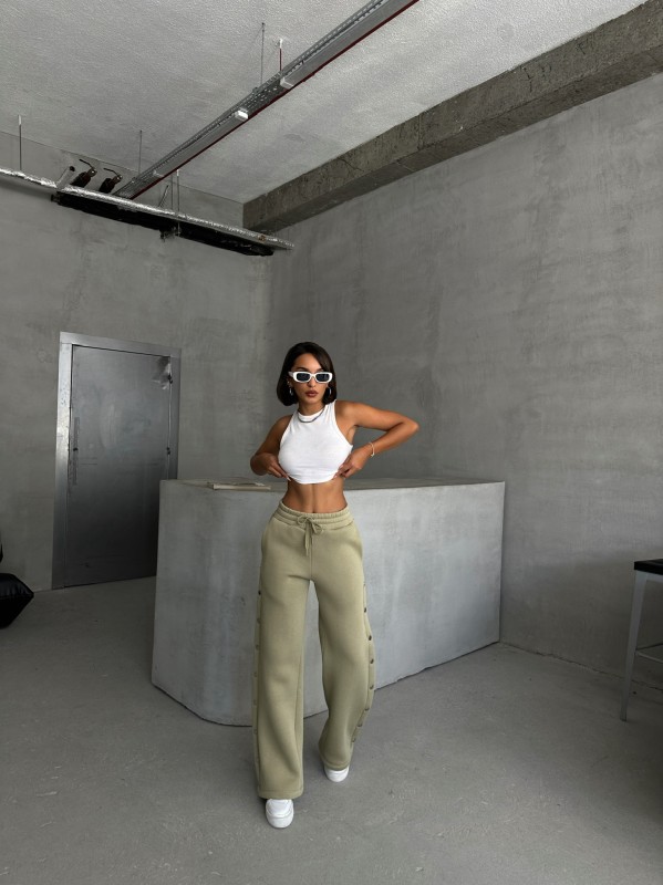 EŞF-09086 Haki Çıtçıtlı Üç İpli Şardonlu Bel Lastikli Palazzo Eşofman - 2