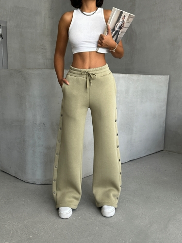 EŞF-09086 Haki Çıtçıtlı Üç İpli Şardonlu Bel Lastikli Palazzo Eşofman - 4