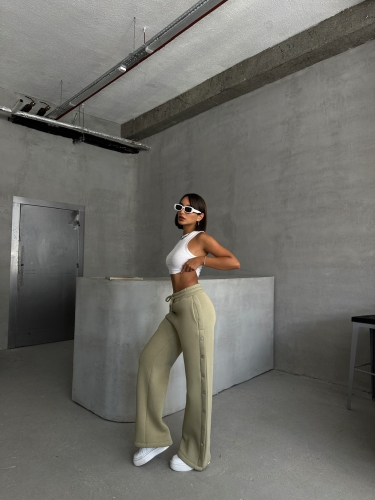 EŞF-09086 Haki Çıtçıtlı Üç İpli Şardonlu Bel Lastikli Palazzo Eşofman - 3