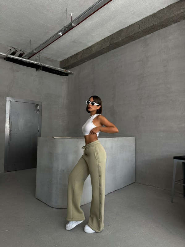 EŞF-09086 Haki Çıtçıtlı Üç İpli Şardonlu Bel Lastikli Palazzo Eşofman - 3