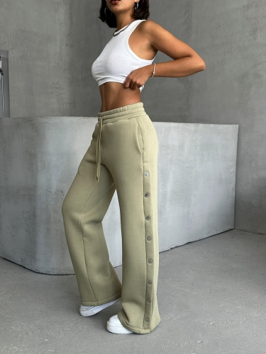 EŞF-09086 Haki Çıtçıtlı Üç İpli Şardonlu Bel Lastikli Palazzo Eşofman - Cappmoda