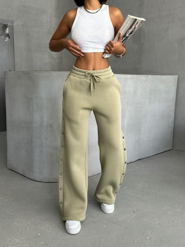 EŞF-09086 Haki Çıtçıtlı Üç İpli Şardonlu Bel Lastikli Palazzo Eşofman - 5