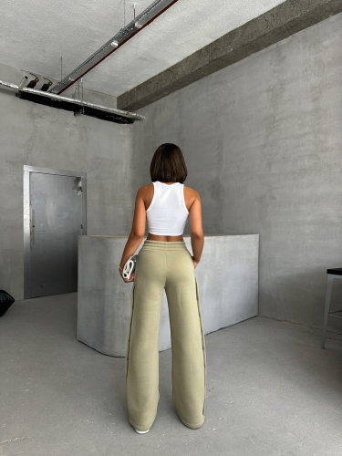 EŞF-09086 Haki Çıtçıtlı Üç İpli Şardonlu Bel Lastikli Palazzo Eşofman - 6