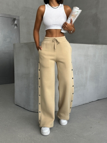 EŞF-09086 Vizon Çıtçıtlı Üç İpli Şardonlu Bel Lastikli Palazzo Eşofman - 4