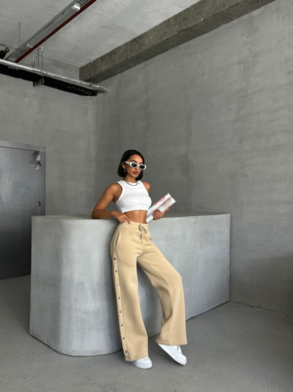 EŞF-09086 Vizon Çıtçıtlı Üç İpli Şardonlu Bel Lastikli Palazzo Eşofman - 2