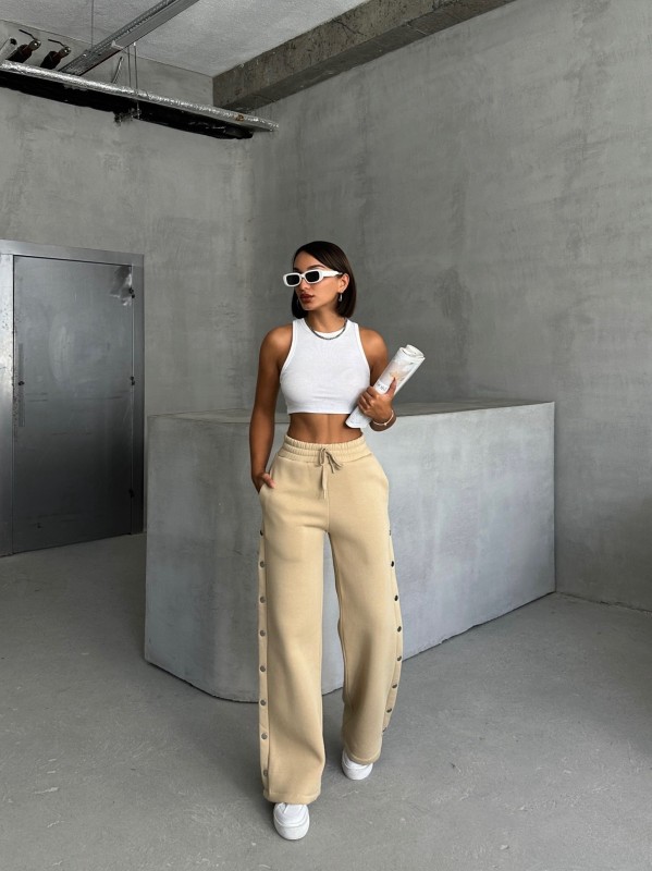 EŞF-09086 Vizon Çıtçıtlı Üç İpli Şardonlu Bel Lastikli Palazzo Eşofman - 6