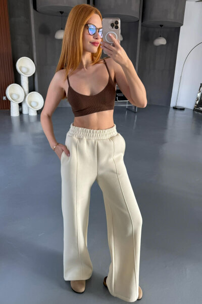 EŞF-09087 Beyaz Çimalı Bel Lastikli Üç İplik Şardonlu Palazzo Eşofman (1)