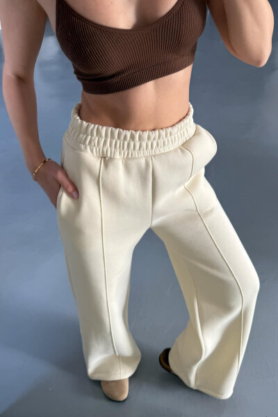 EŞF-09087 Beyaz Çimalı Bel Lastikli Üç İplik Şardonlu Palazzo Eşofman - 3