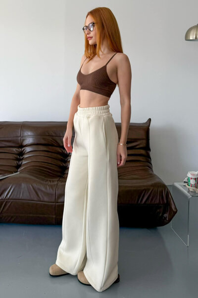 EŞF-09087 Beyaz Çimalı Bel Lastikli Üç İplik Şardonlu Palazzo Eşofman - 4