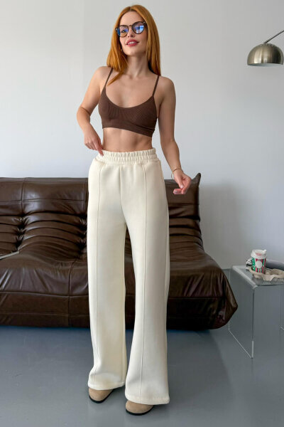 EŞF-09087 Beyaz Çimalı Bel Lastikli Üç İplik Şardonlu Palazzo Eşofman - 5