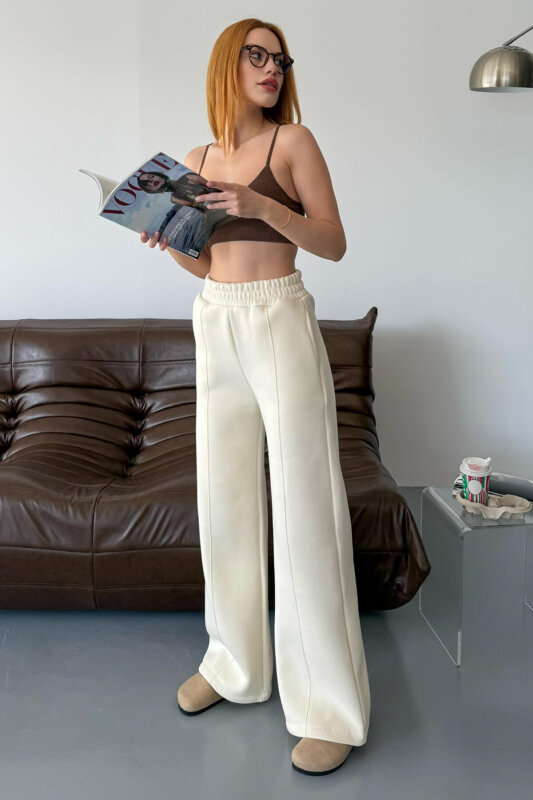 EŞF-09087 Beyaz Çimalı Bel Lastikli Üç İplik Şardonlu Palazzo Eşofman - 6