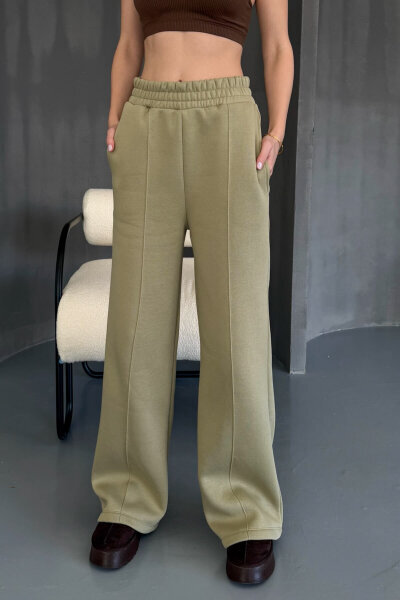 EŞF-09087 Haki Çimalı Bel Lastikli Üç İplik Şardonlu Palazzo Eşofman (1)