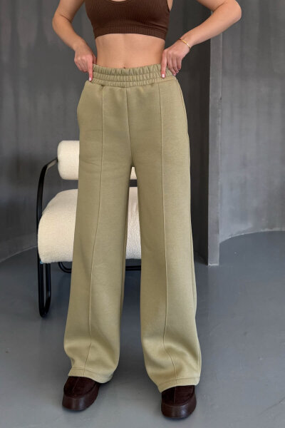 EŞF-09087 Haki Çimalı Bel Lastikli Üç İplik Şardonlu Palazzo Eşofman - 4