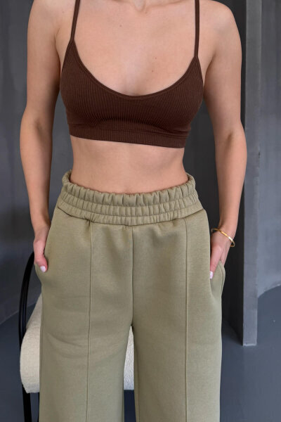 EŞF-09087 Haki Çimalı Bel Lastikli Üç İplik Şardonlu Palazzo Eşofman - 5