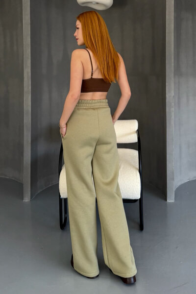 EŞF-09087 Haki Çimalı Bel Lastikli Üç İplik Şardonlu Palazzo Eşofman - 6