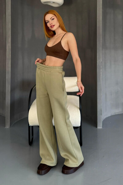 EŞF-09087 Haki Çimalı Bel Lastikli Üç İplik Şardonlu Palazzo Eşofman - 7