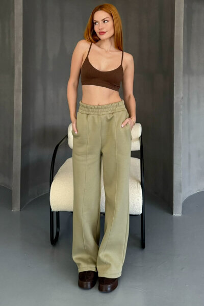 EŞF-09087 Haki Çimalı Bel Lastikli Üç İplik Şardonlu Palazzo Eşofman