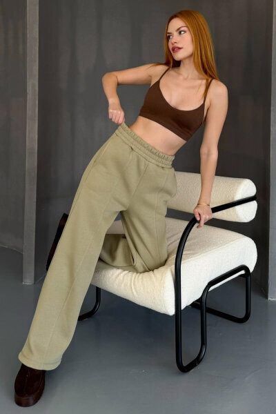 EŞF-09087 Haki Çimalı Bel Lastikli Üç İplik Şardonlu Palazzo Eşofman - 3